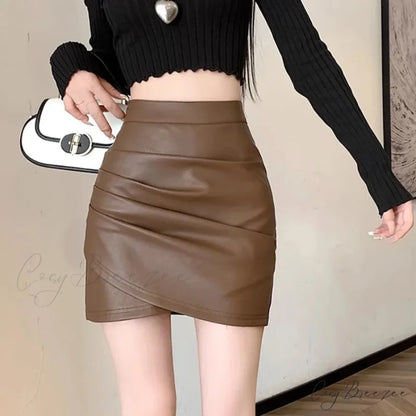 Brown PU Leather Fitted Skirt skirts-250223