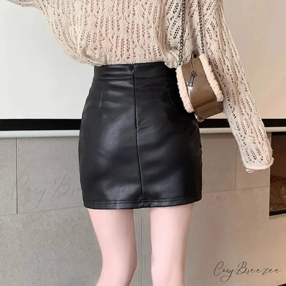 Brown PU Leather Fitted Skirt skirts-250223