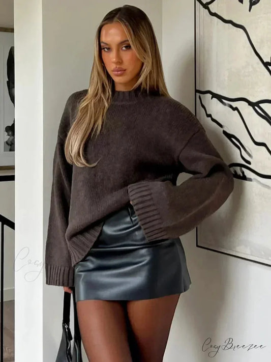 Brown Round Neck Loose Basic Sweater swraters-241228