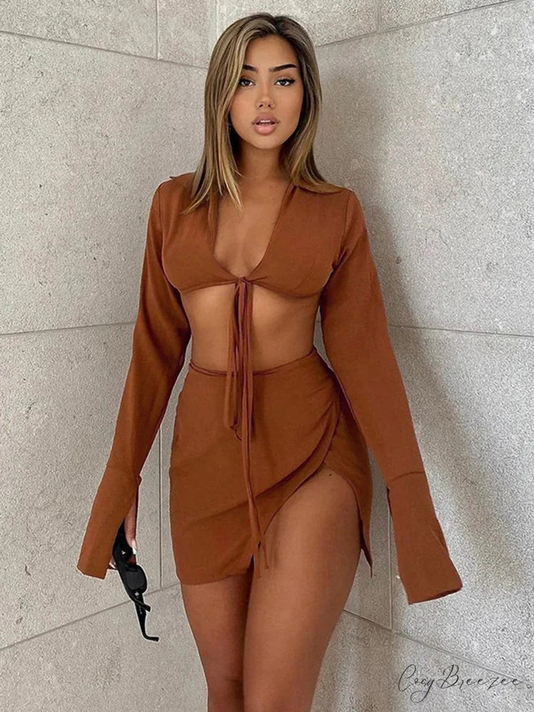 Brown Tie Front Top Skirt Sets Mini Dress Brown / S