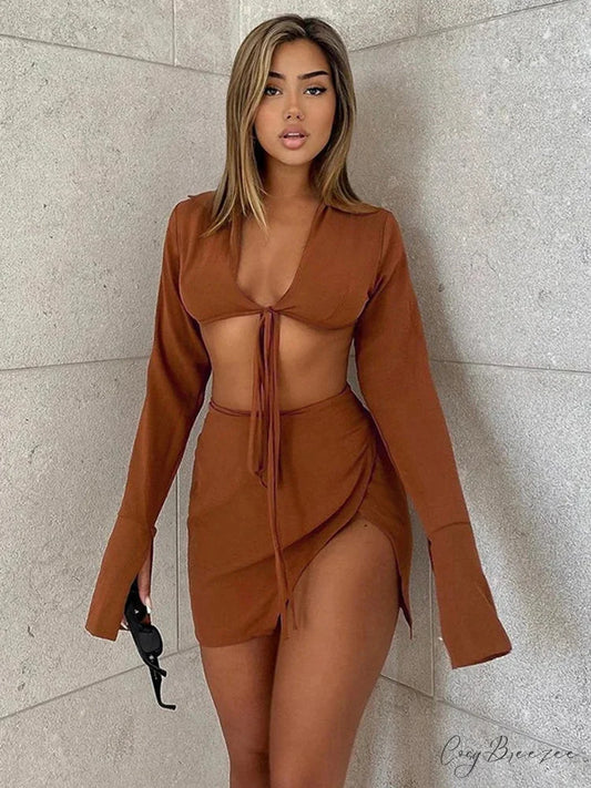 Brown Tie Front Top Skirt Sets Mini Dress Brown / S