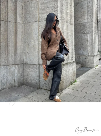 Brown V-nech Single Breasted Cardigan cardigans-241228