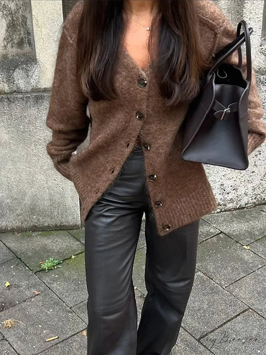 Brown V-nech Single Breasted Cardigan Brown / S cardigans-241228