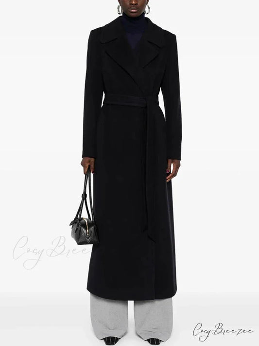 Brown Woolen Lapel Slim Coat Black / S overcoats-241228