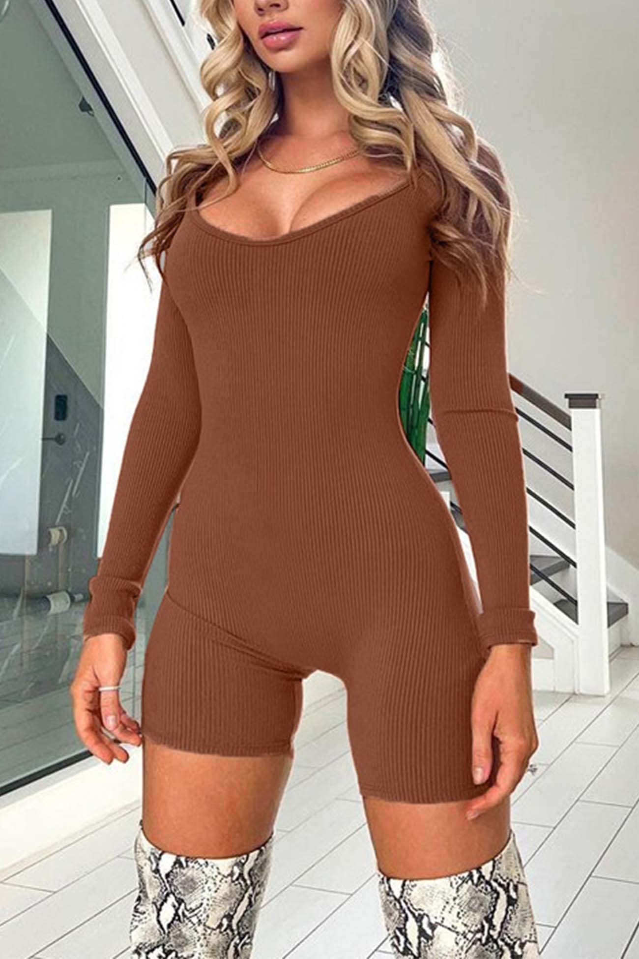 U Neck Bodycon Rompers - Long Sleeve