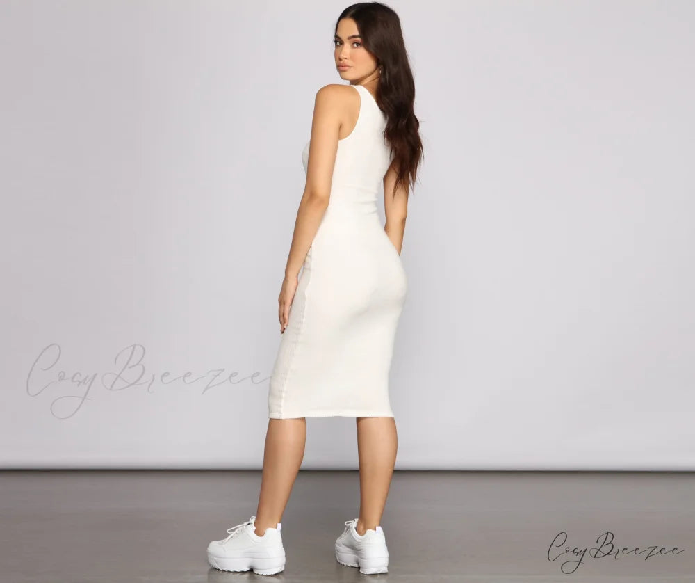 Brushed Knit Sleeveless Charming Crew Neck Midi Dress