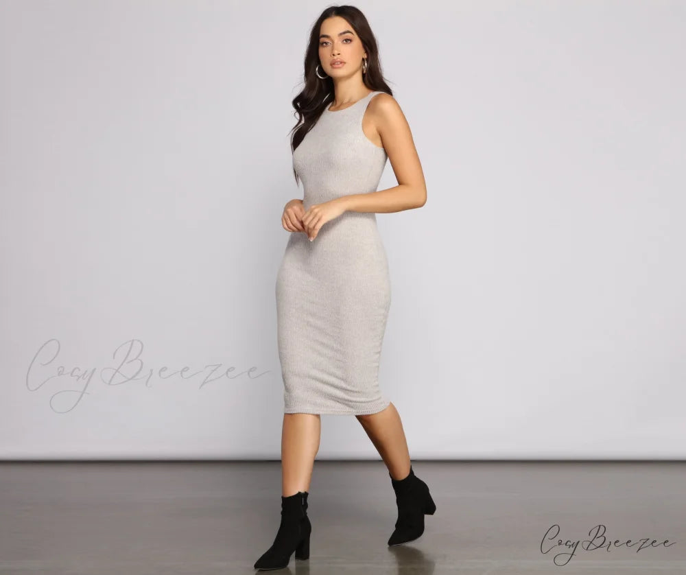 Brushed Knit Sleeveless Charming Crew Neck Midi Dress