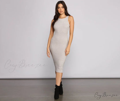 Brushed Knit Sleeveless Charming Crew Neck Midi Dress HEATHER GRAY / XS