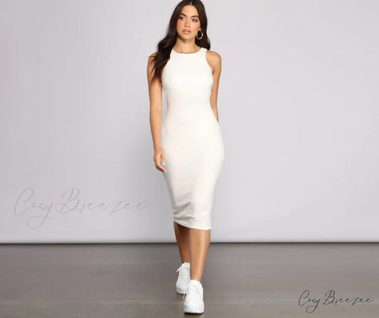 Brushed Knit Sleeveless Charming Crew Neck Midi Dress OFF WHITE / XS