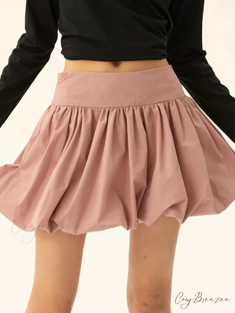 Bubble Flounce Hem Pleated Skirt Pink / S skirts-250223