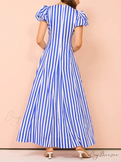 Bubble Sleeve In Charming Stripe Wavy Maxi Dress