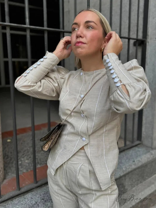 Bubble Sleeve Slanted Button Striped Blouse blouse-250223