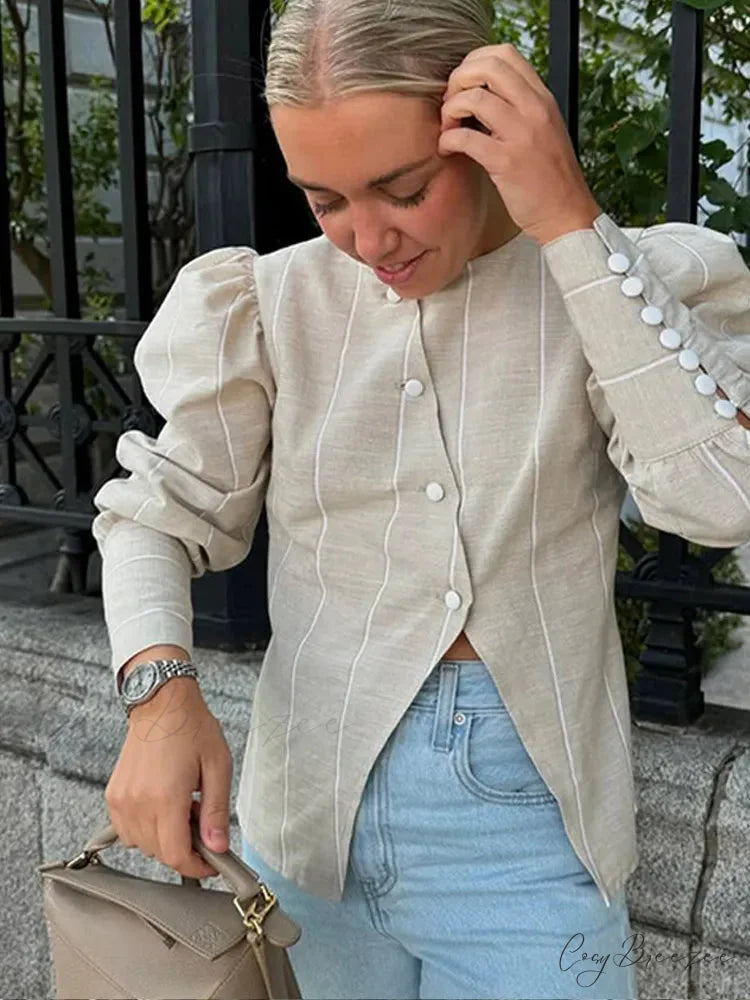 Bubble Sleeve Slanted Button Striped Blouse White / S blouse-250223