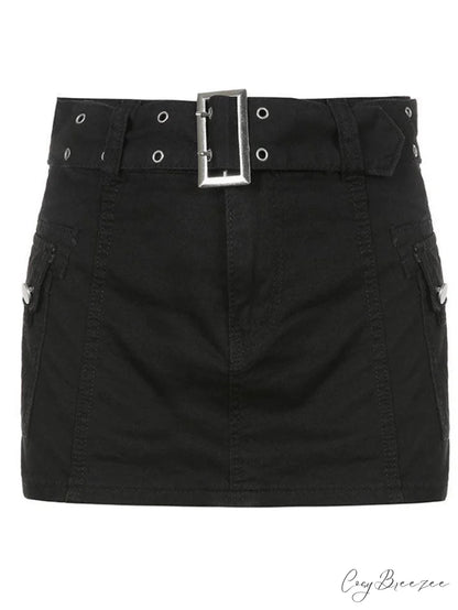 Buckle Belt Denim Trendy Pleated Mini Skirt