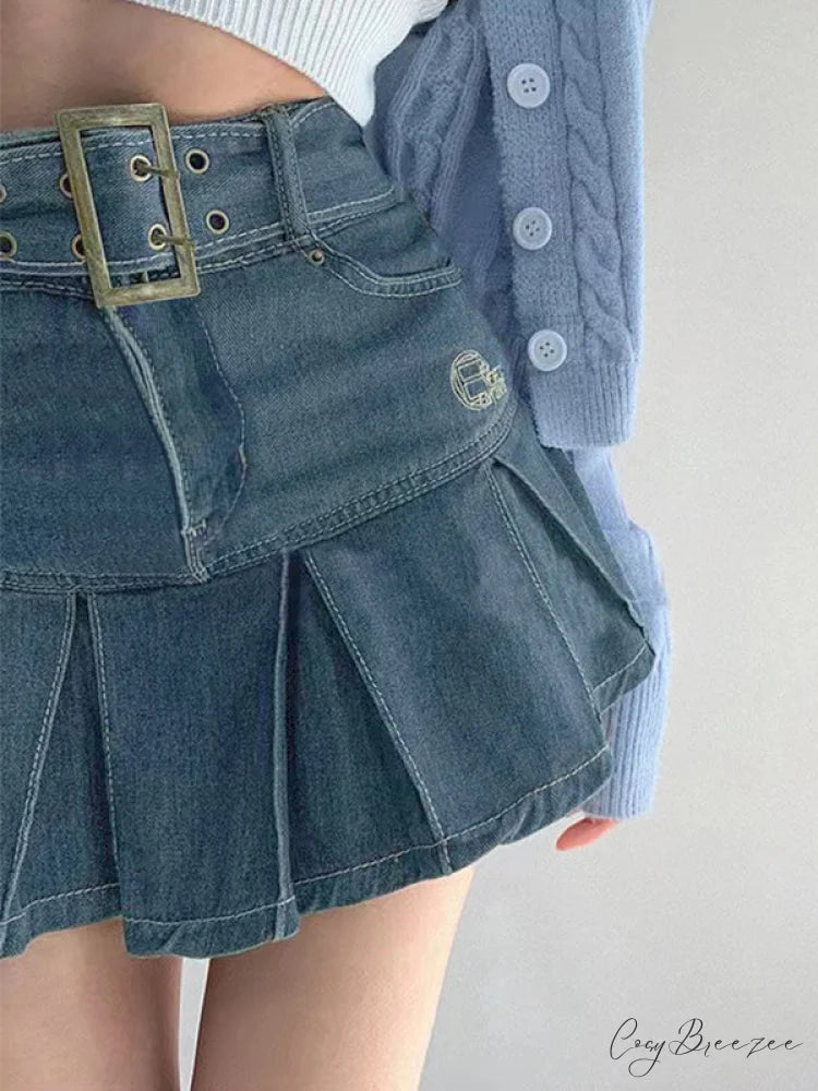 Buckle Belt Low Trendy Waist Denim Mini Skirt