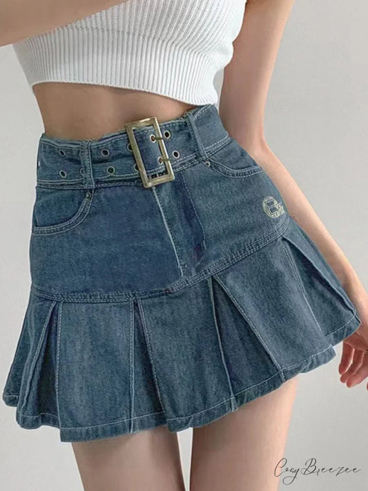 Buckle Belt Low Trendy Waist Denim Mini Skirt Blue / S