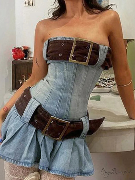 Buckle Belt Pu Trendy Black Mini Skirt Blue / S