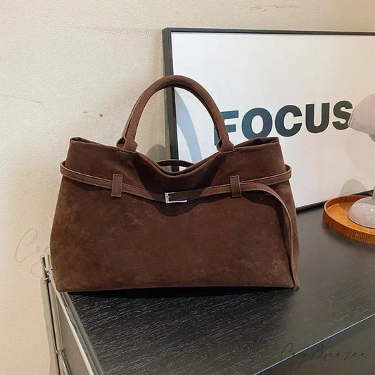Buckle Decorative Faux Suede Large Tote Handbag handbag-250126