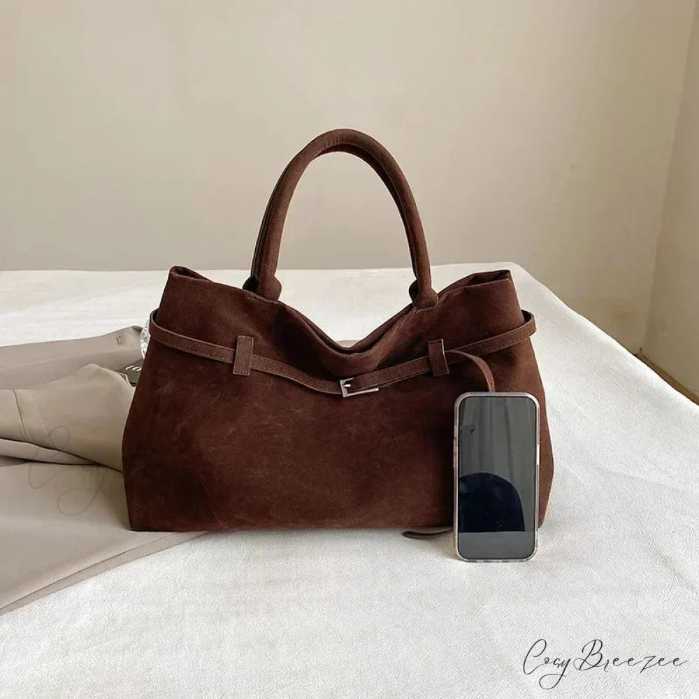 Buckle Decorative Faux Suede Large Tote Handbag handbag-250126