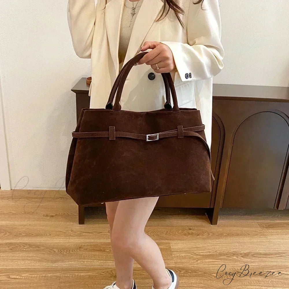 Buckle Decorative Faux Suede Large Tote Handbag handbag-250126