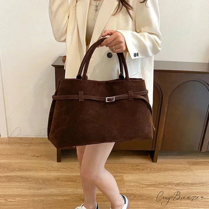 Buckle Decorative Faux Suede Large Tote Handbag handbag-250126