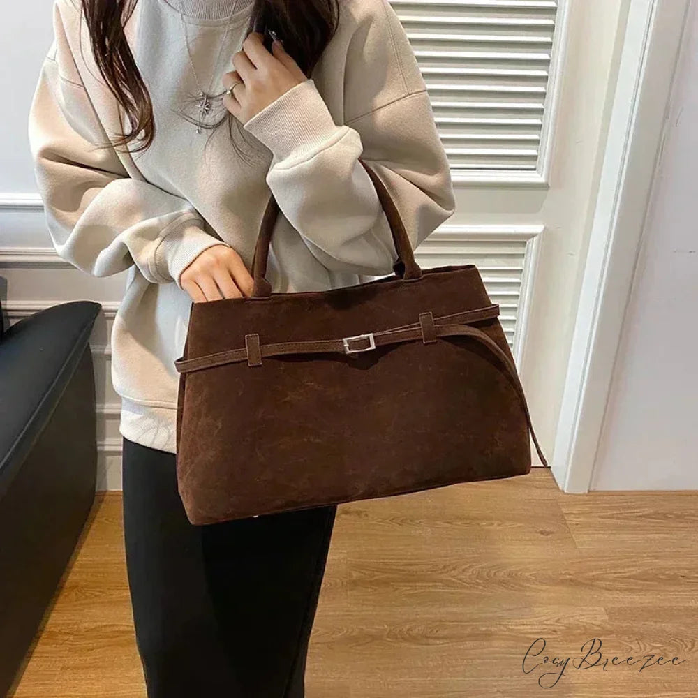 Buckle Decorative Faux Suede Large Tote Handbag handbag-250126