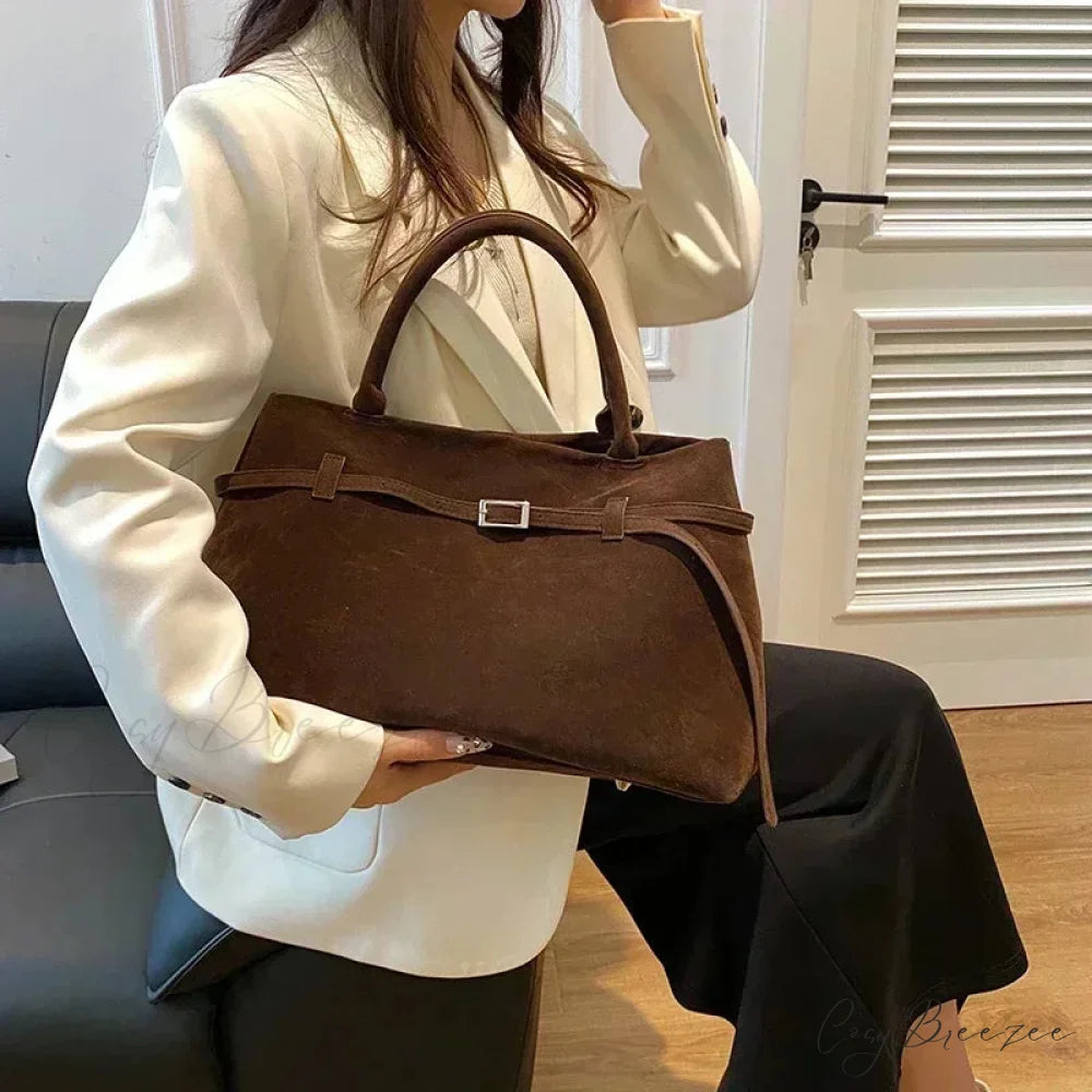 Buckle Decorative Faux Suede Large Tote Handbag handbag-250126
