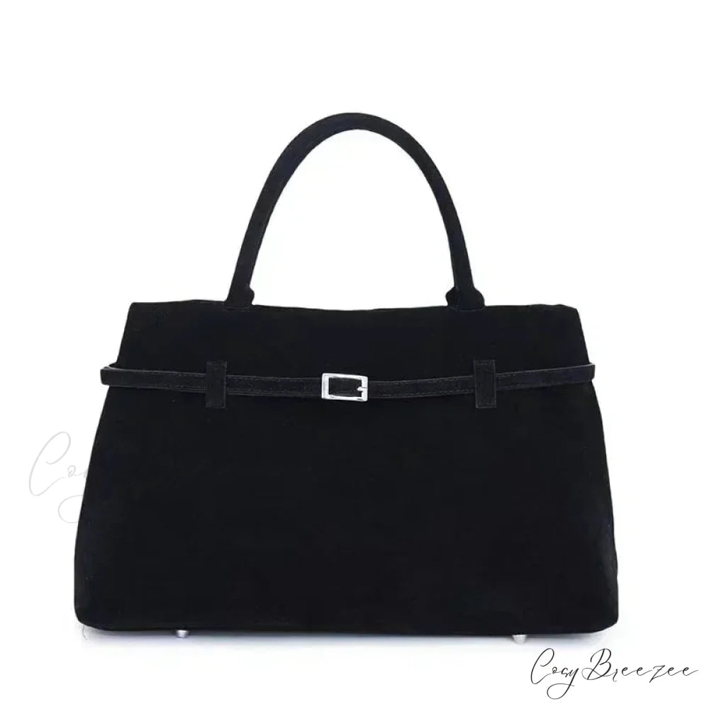 Buckle Decorative Faux Suede Large Tote Handbag Black handbag-250126