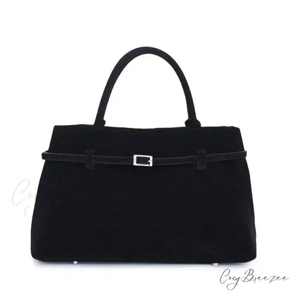 Buckle Decorative Faux Suede Large Tote Handbag Black handbag-250126