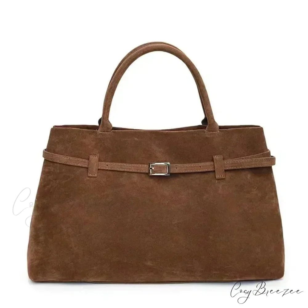 Buckle Decorative Faux Suede Large Tote Handbag Brown handbag-250126