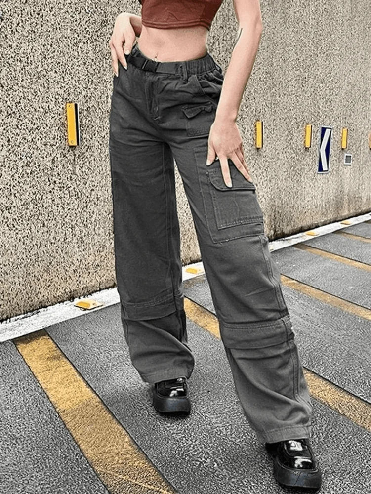 Buckle Strap Graceful Printed Cargo Jeans
