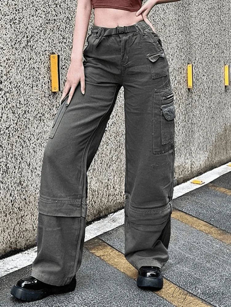 Buckle Strap Graceful Printed Cargo Jeans Gray / S