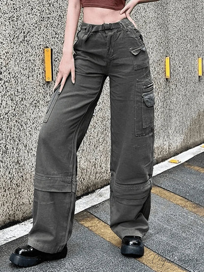 Buckle Strap Graceful Printed Cargo Jeans Gray / S