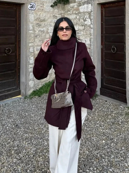 Burgundy Lace-Up Wool Coat