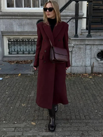Burgundy Lapel Woolen Double-Breasted Coat overcoats-241228