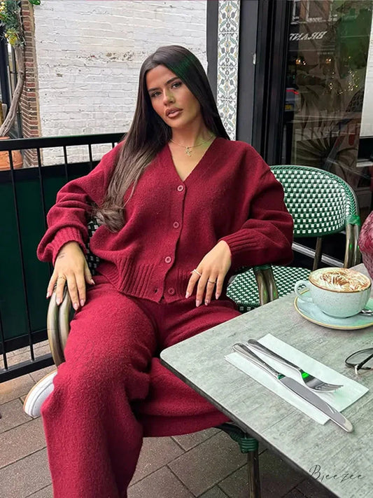 Burgundy Loose V-neck Single Breasted Cardigan cardigans-241228