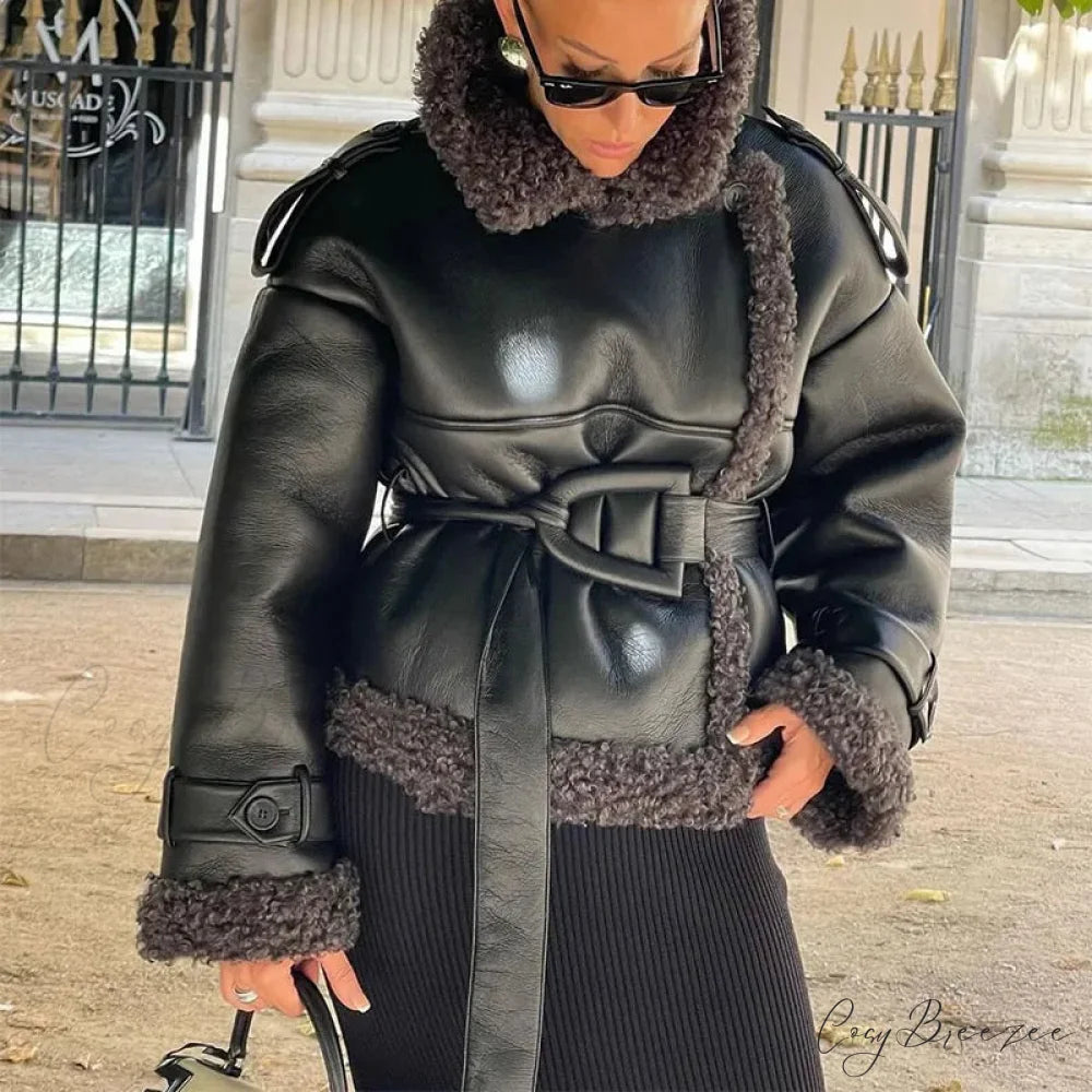 Burgundy Scarf Collar Lace-Up Coat short grey / S overcoats-241228
