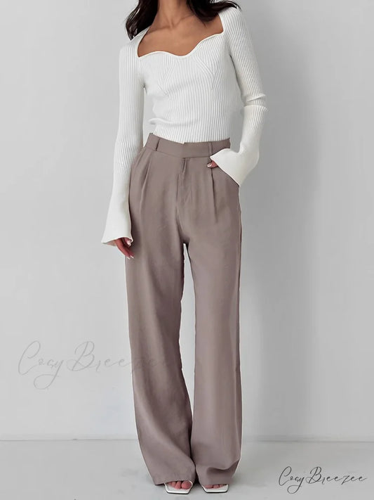 Business Casual Pleat Trendy Wide Leg Dress Pants Light Brown / XS