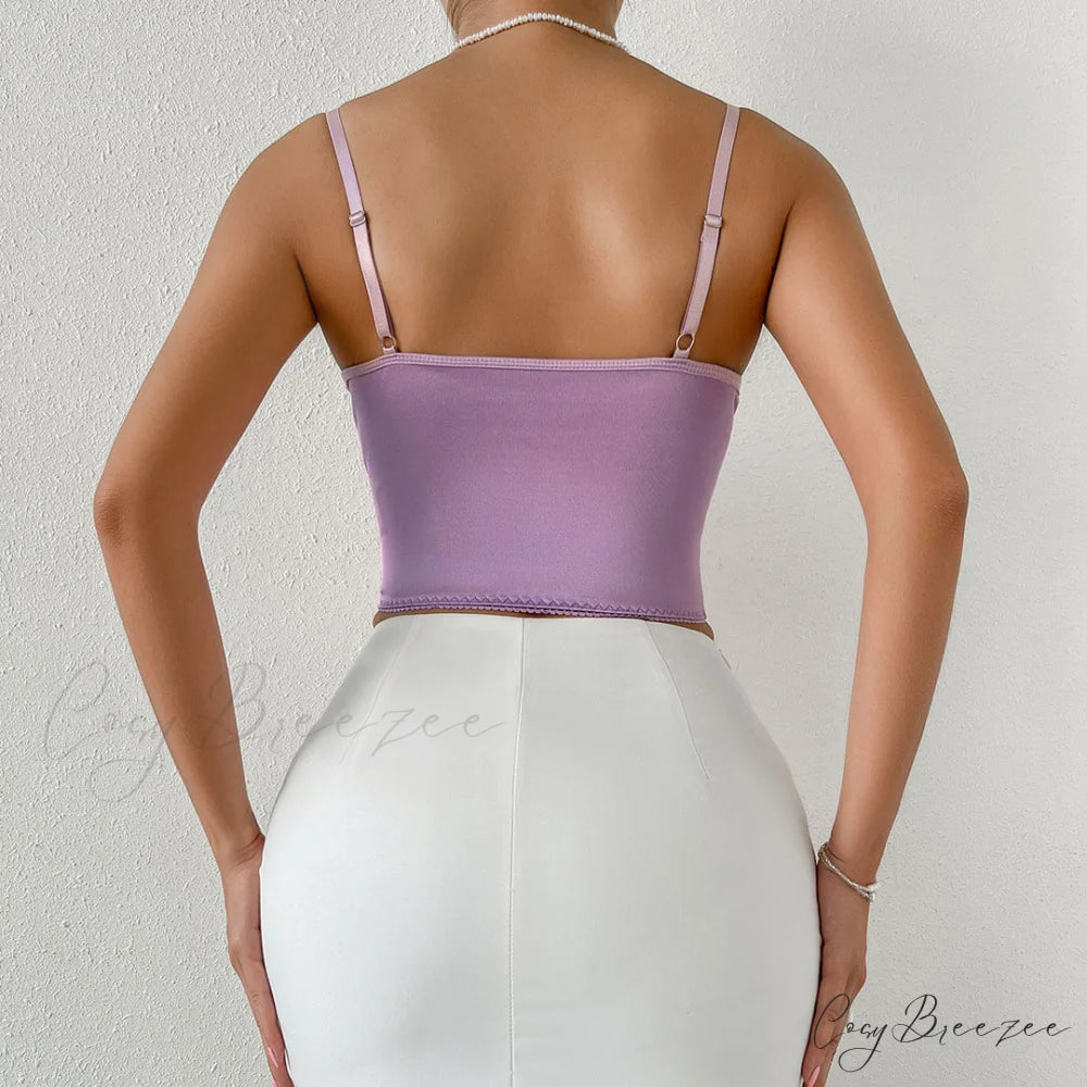 Butterfly Applique Hook and Eye Classic Silky Satin Corset Top - Champagne L / Purple