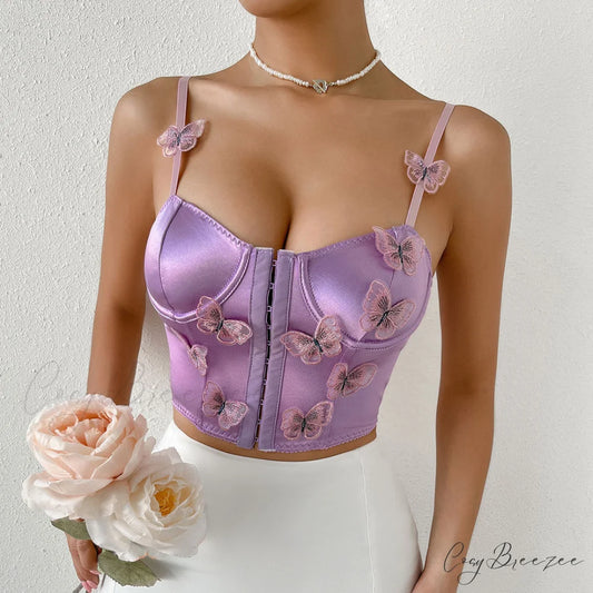 Butterfly Applique Hook and Eye Classic Silky Satin Corset Top - Champagne S / Purple