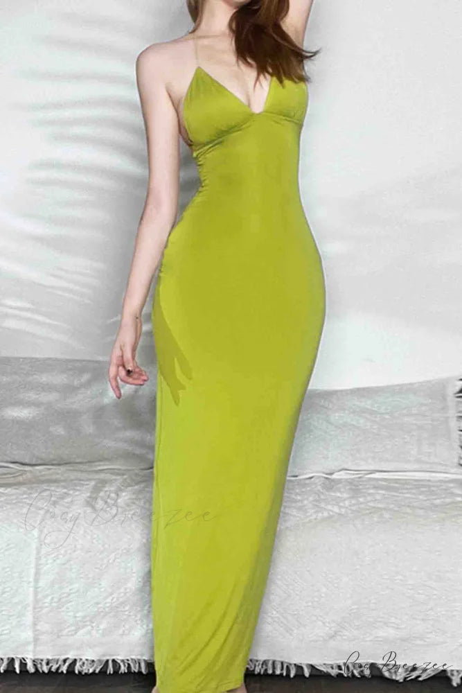 Butterfly Backless Midi Dress with Halterneck Green / L