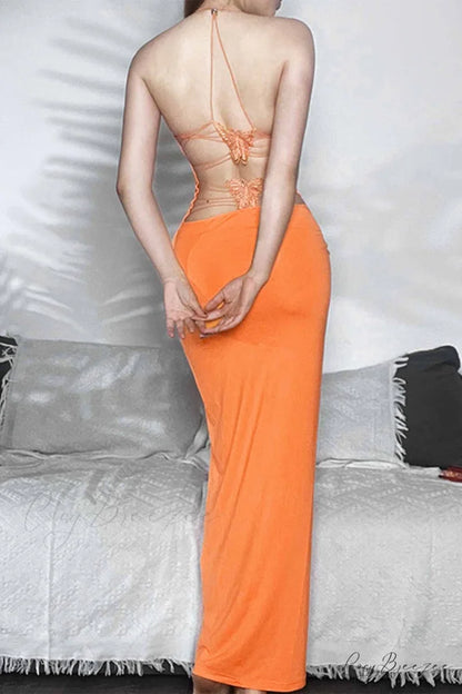 Butterfly Backless Midi Dress with Halterneck Orange / M