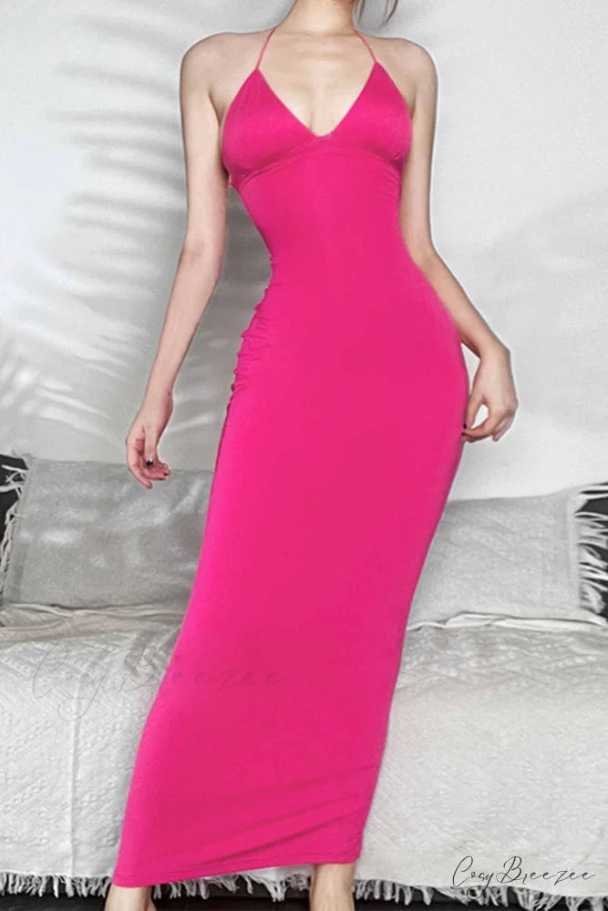 Butterfly Backless Midi Dress with Halterneck Rose / L