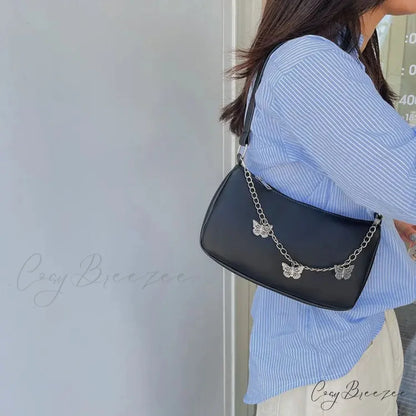 Butterfly Chain PU Leather Travel Shoulder Bag Black / 22 x 12.5 x 5 cm shoulder-250126