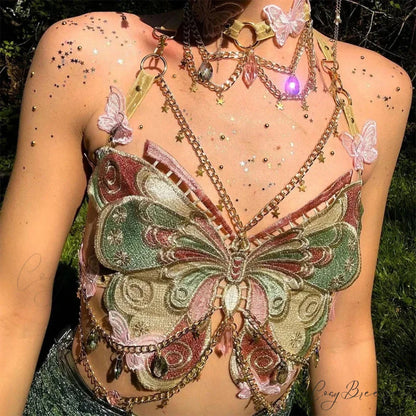 Butterfly Embroidered Crystal Chain Backless Crop Top croptop-250223
