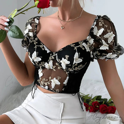 Butterfly Embroidered Mesh Puff Sleeve Lace-up Corset Top black crop top 1 / S croptop-250126