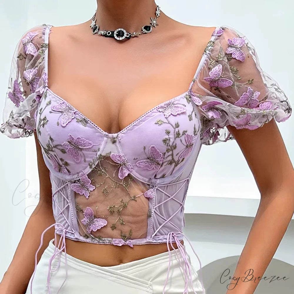 Butterfly Embroidered Mesh Puff Sleeve Lace-up Corset Top croptop-250126