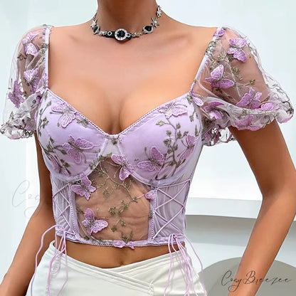 Butterfly Embroidered Mesh Puff Sleeve Lace-up Corset Top croptop-250126