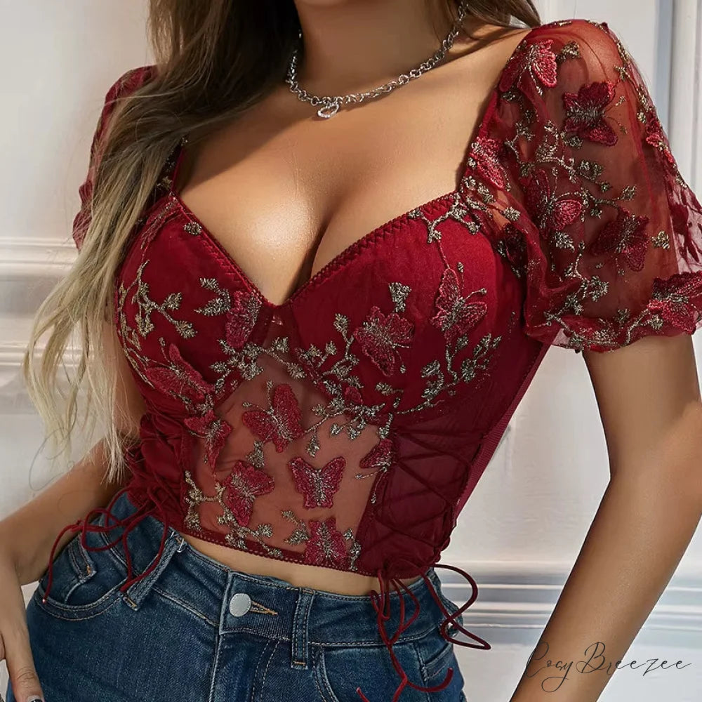Butterfly Embroidered Mesh Puff Sleeve Lace-up Corset Top croptop-250126