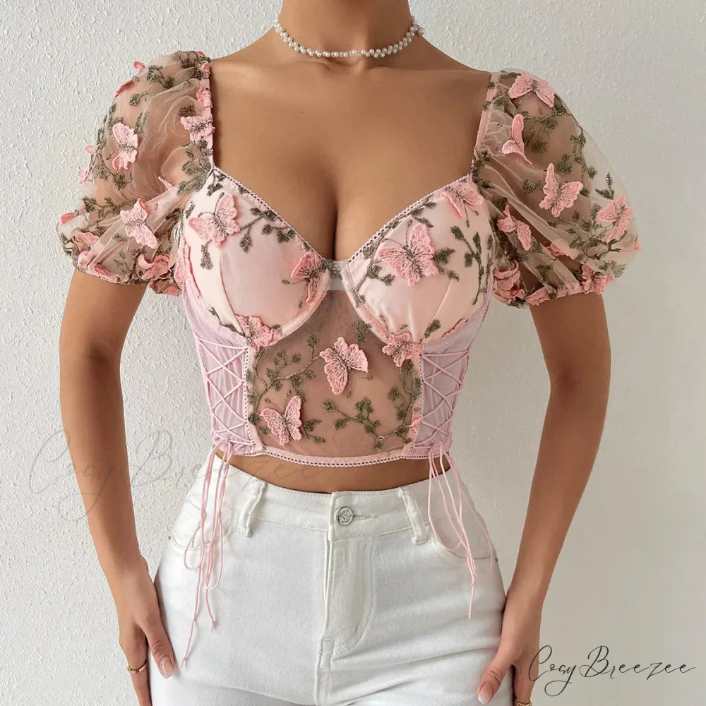 Butterfly Embroidered Mesh Puff Sleeve Lace-up Corset Top pink crop top / S croptop-250126
